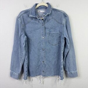 Zara Shacket Womens S Light Wash Fringe Denim Western Minimalist Y2K Norm Boho